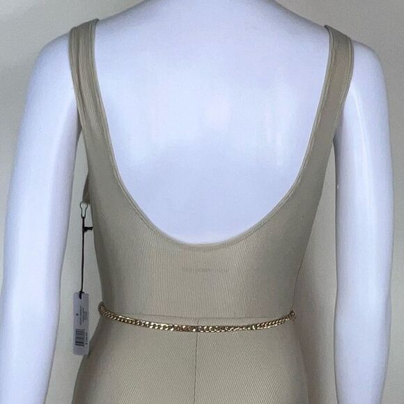 WeWoreWhat Solid Rib Scoop Jumpsuit in Khaki with Gold Chain Belt - Picture 12 of 16
